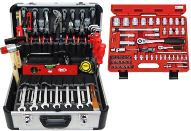 FAMEX 420-18 Profi Alu Werkzeugkoffer mit Top Werkzeug Set und Steckschlüsselsatz